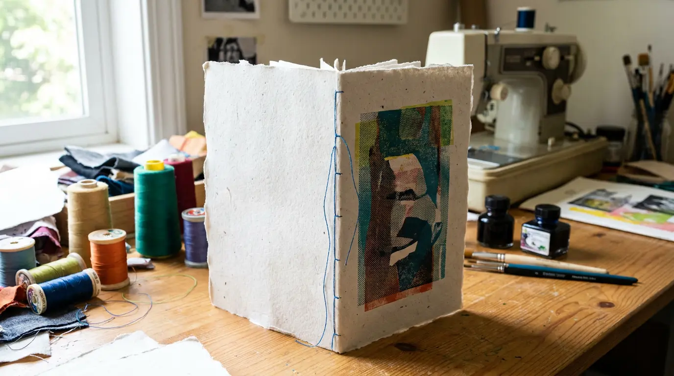 Singer-sewn booklet with visible machine stitching