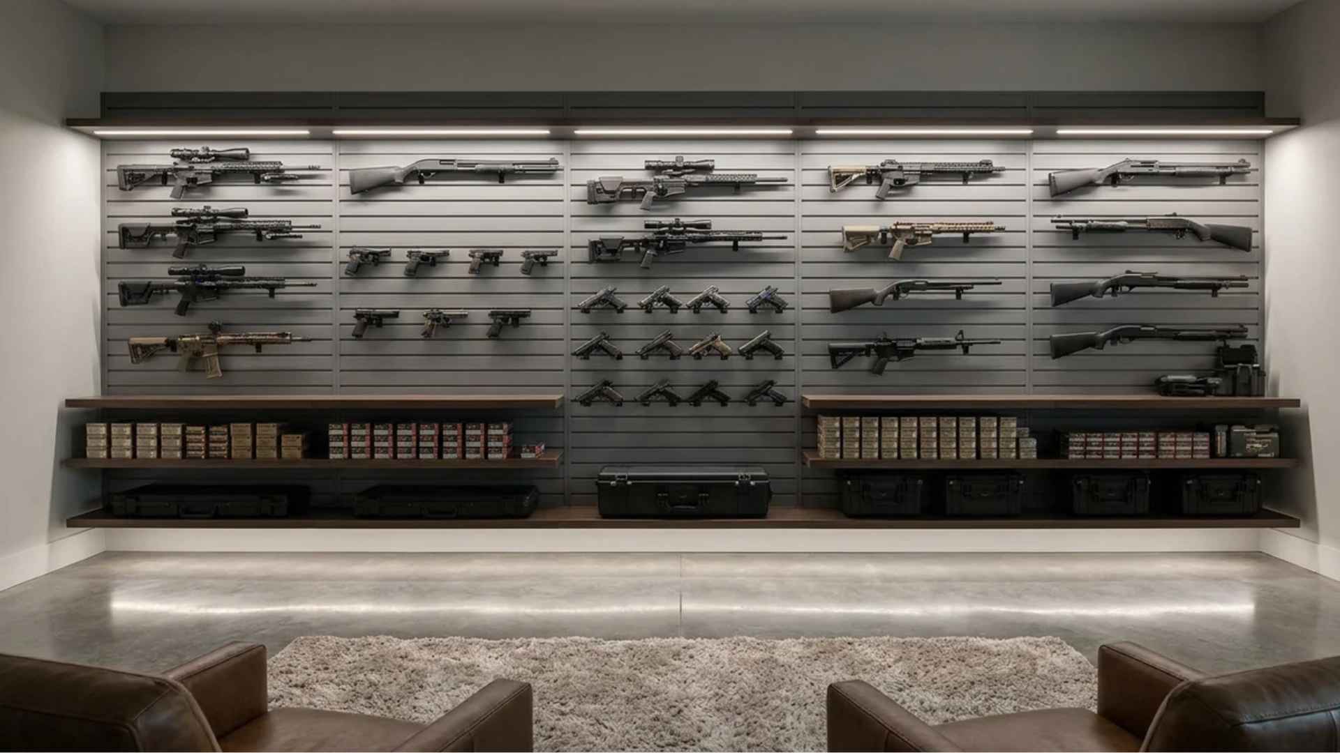 Modern slatwall gun display with rifles, pistols, and shelves in a sleek organized storage room
