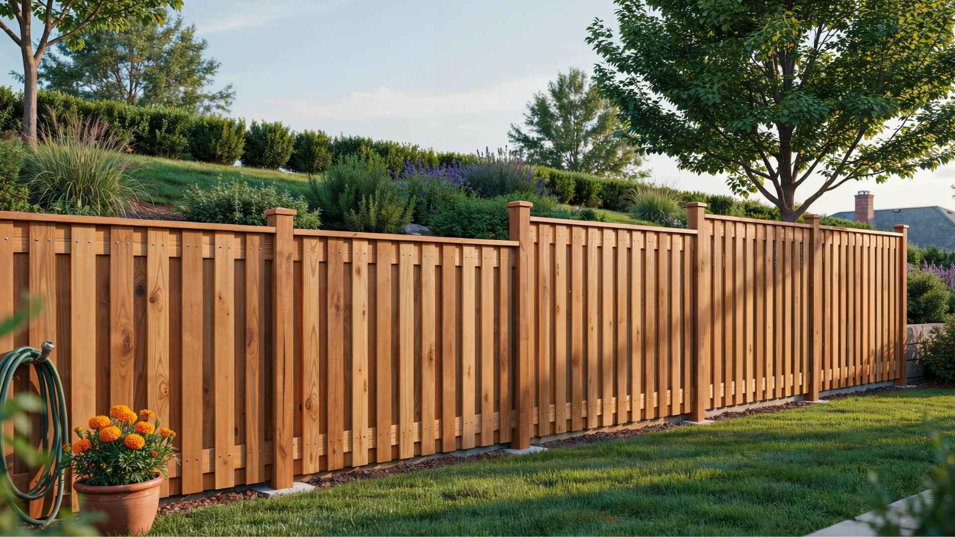 Wooden fence following the natural slope of a landscaped yard on uneven terrain.