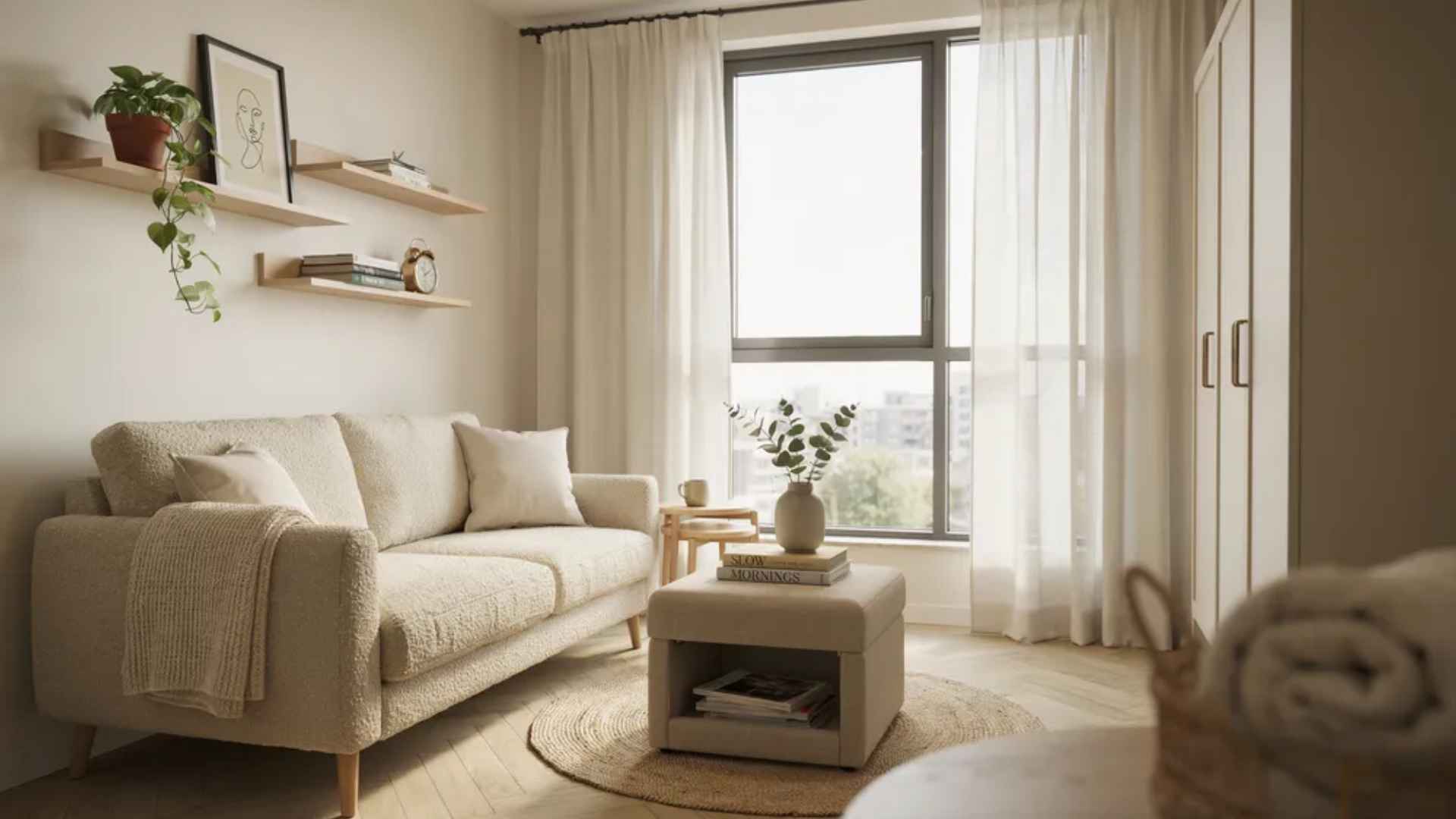 Small apartment living room with a slim sofa, storage ottoman, nesting tables, and wall shelves.