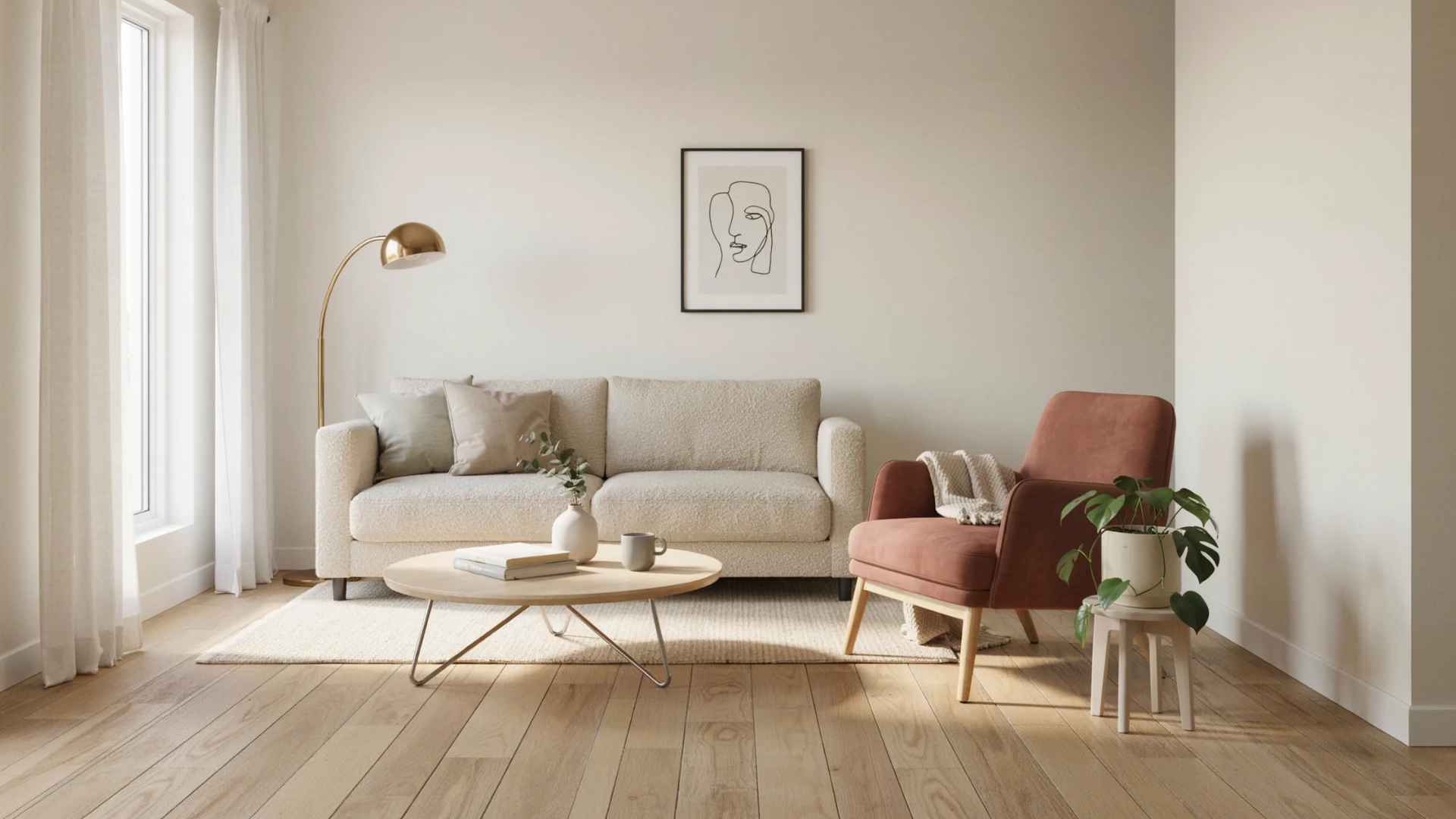 Small living room with compact furniture placed away from walls to create an open and comfortable layout.