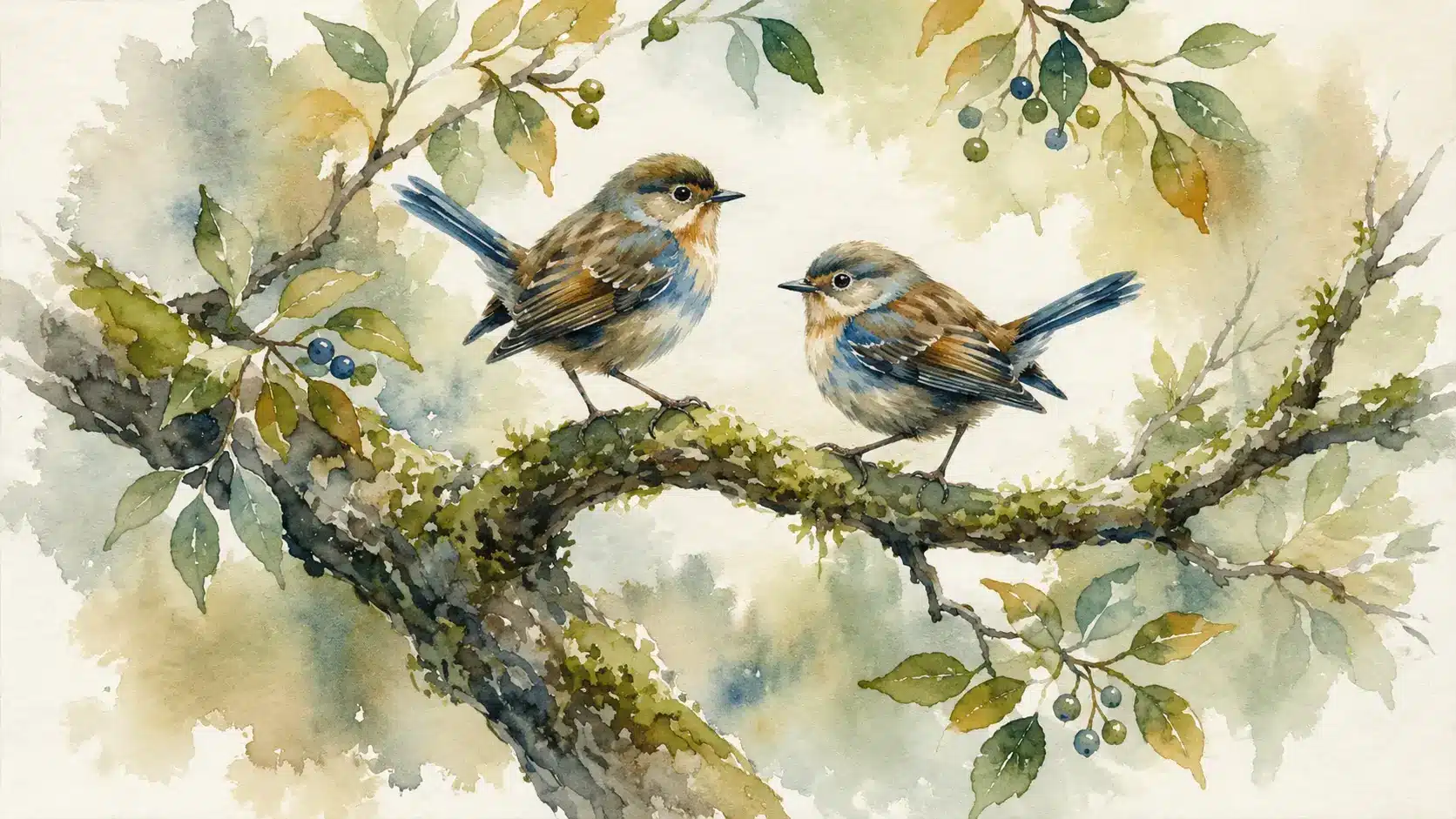 Small watercolor birds perched on a painted tree branch