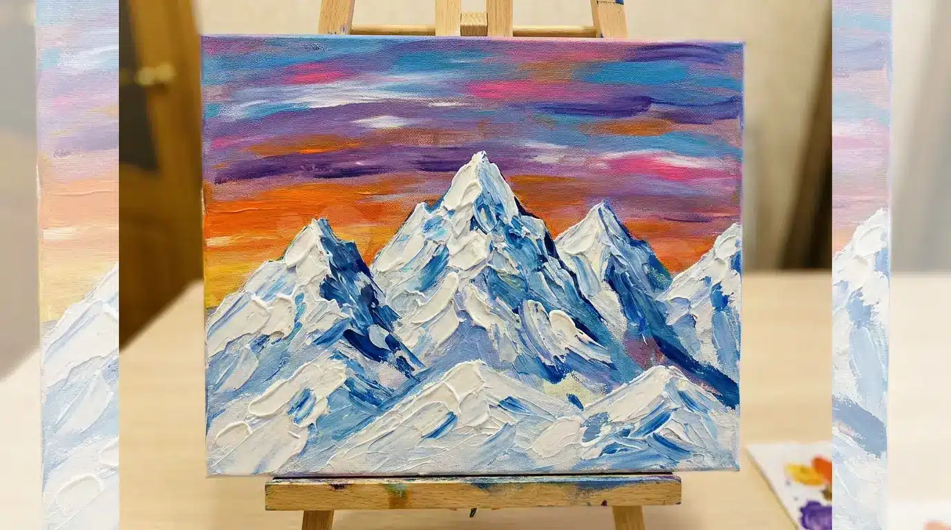 Snowy mountain peaks canvas painting with pink sky and dry brush texture