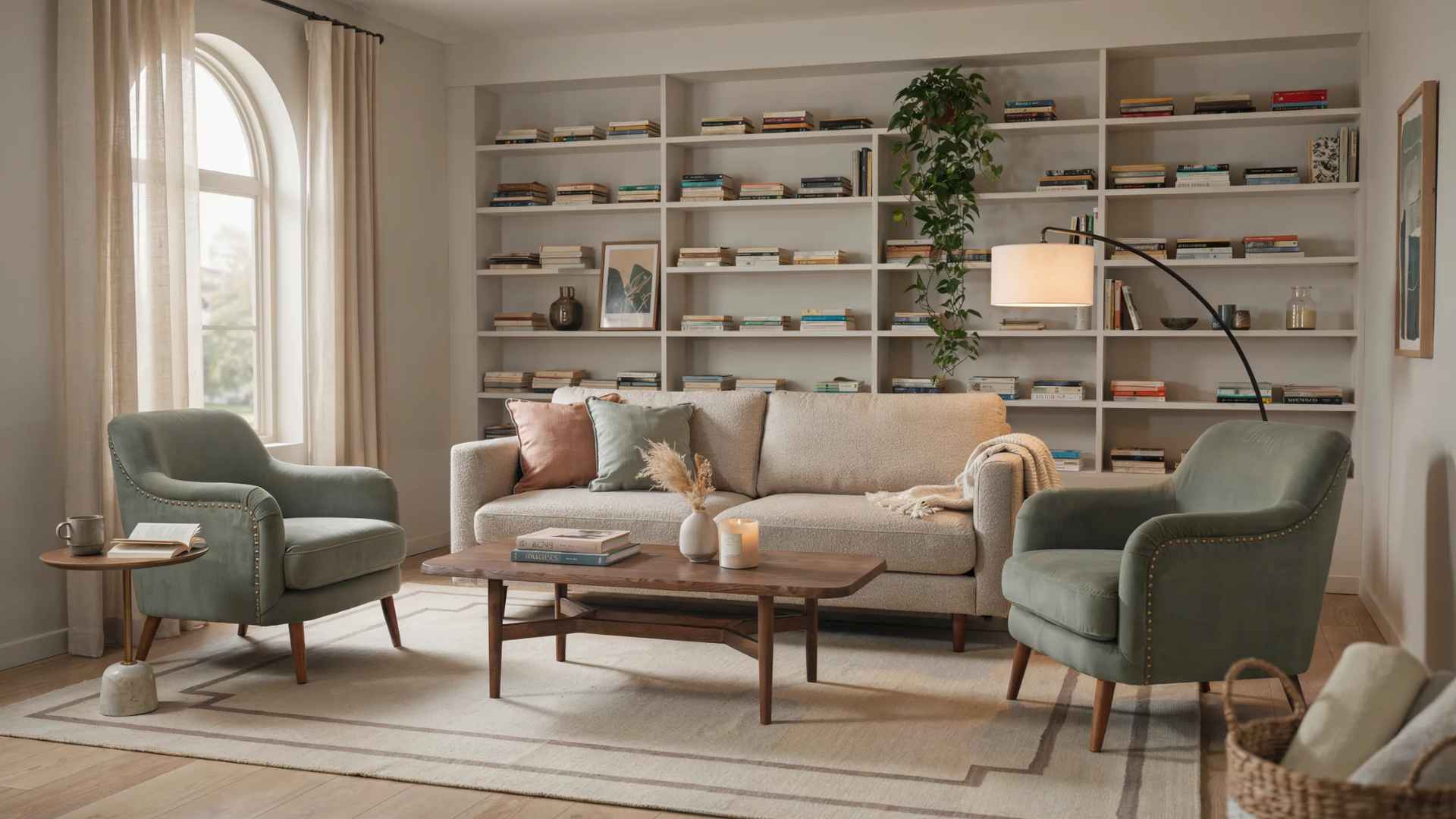 Living room with a sofa and two accent chairs forming a welcoming seating area.