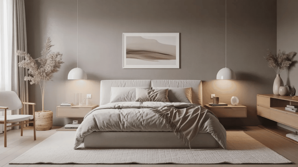 Minimalist bedroom with soft gray walls and warm modern decor.