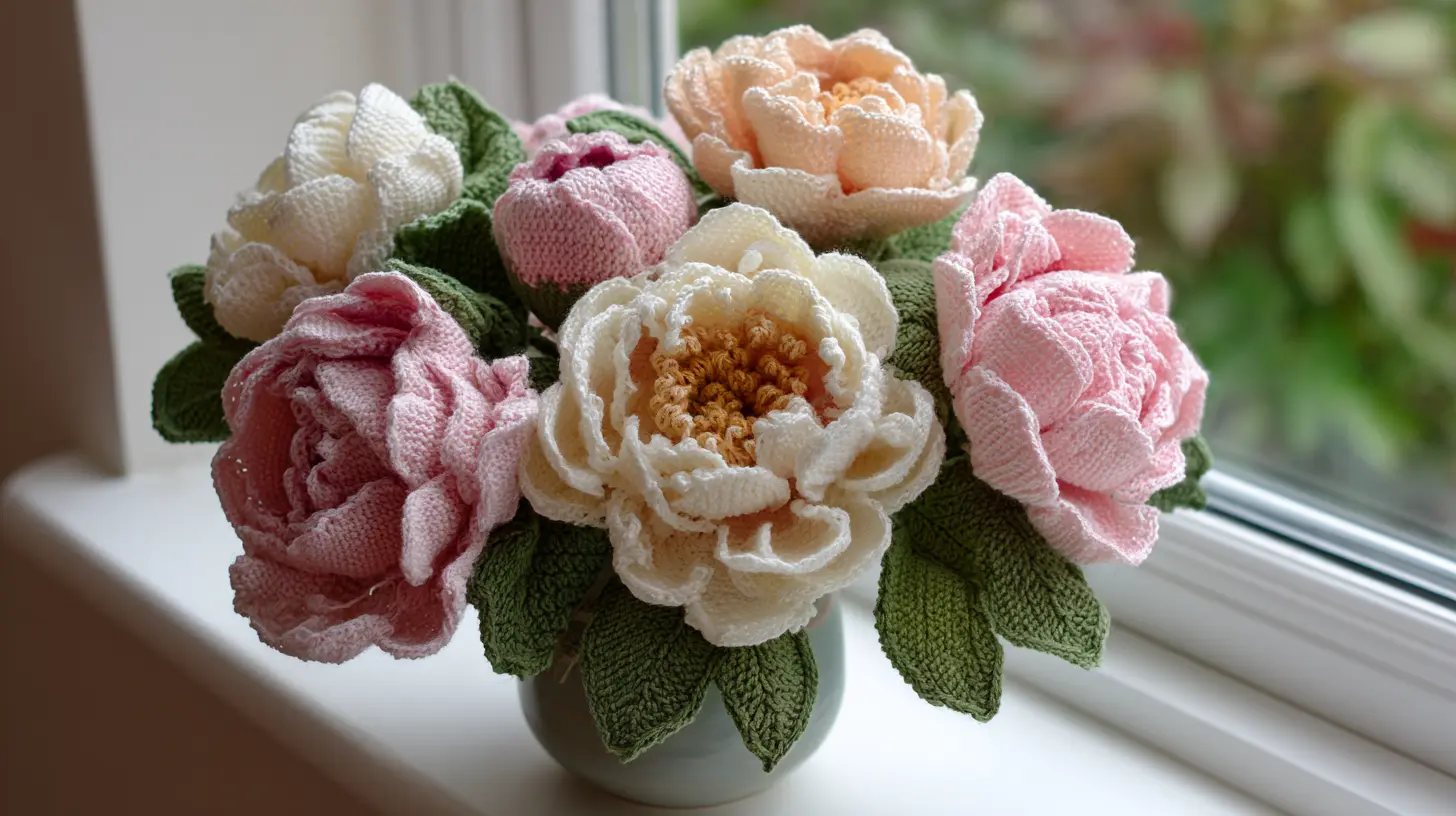 Crochet peony bouquet with layered blooms in soft pastel shades