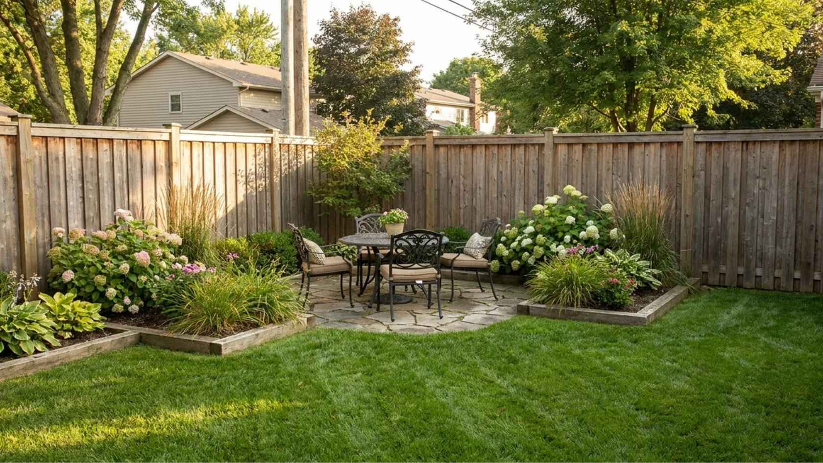 Solid panel privacy fence with tightly spaced boards creating a secluded backyard retreat.