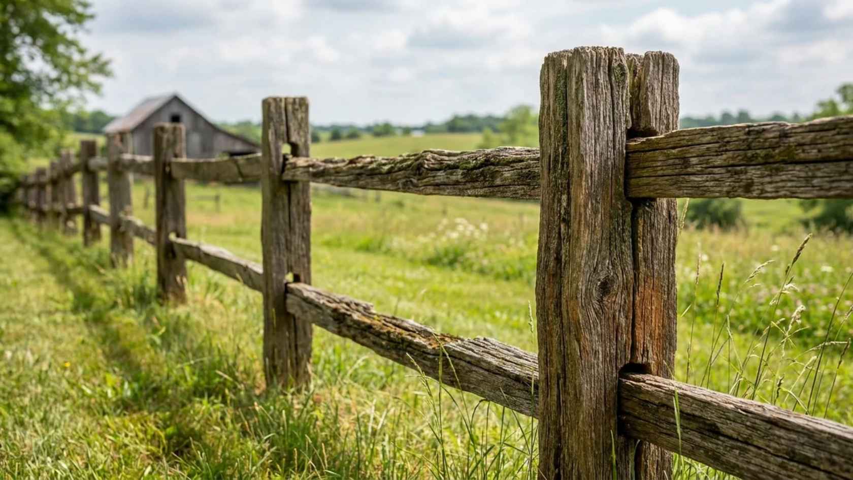 Split rail wooden fence bordering a grassy yard with rustic posts and open countryside views