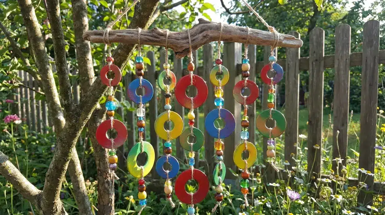 Colorful spray painted metal washers and glass beads on twine hanging from a driftwood branch outdoors