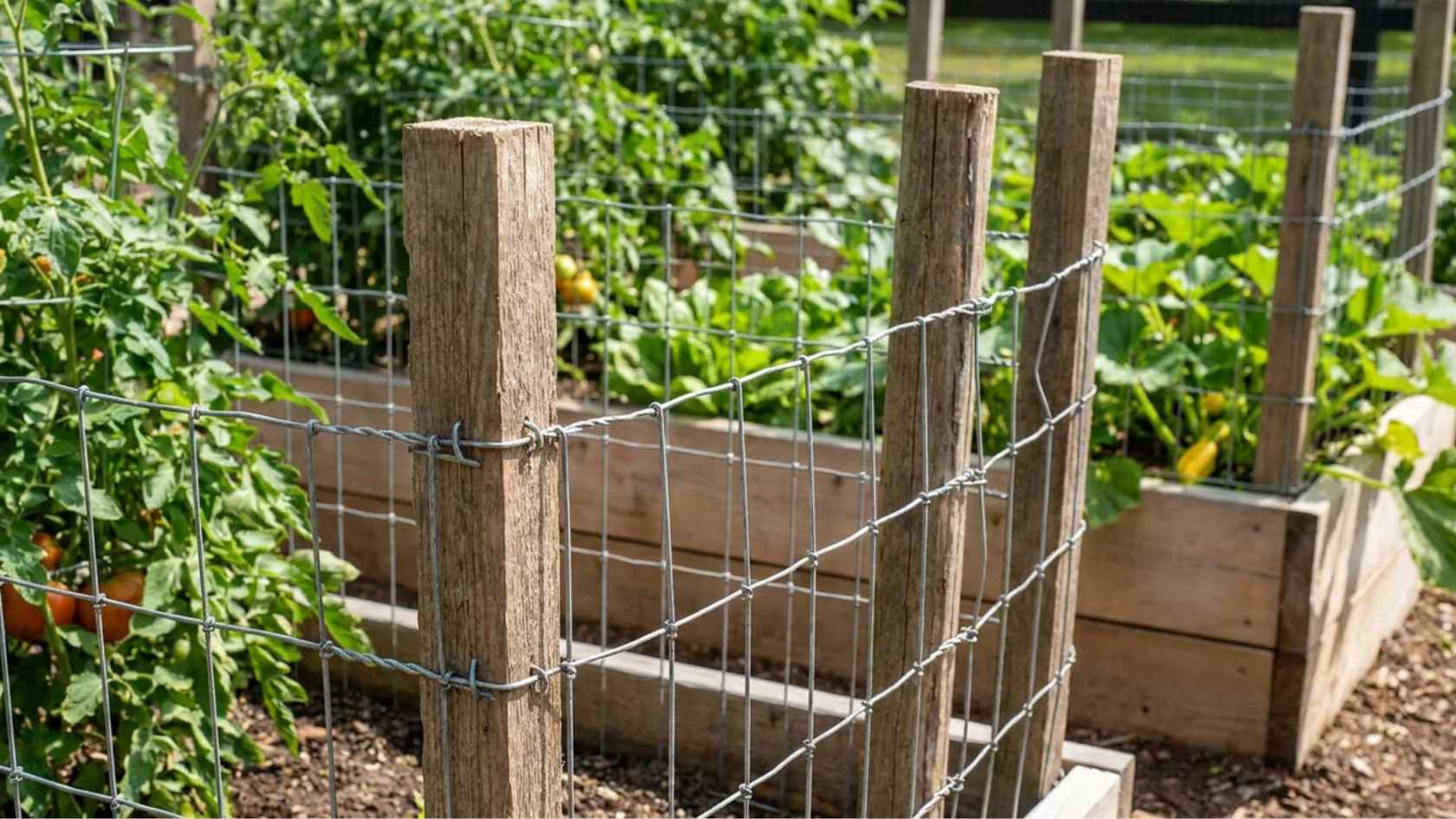 Stake and wire garden fence protecting vegetable beds with simple affordable materials