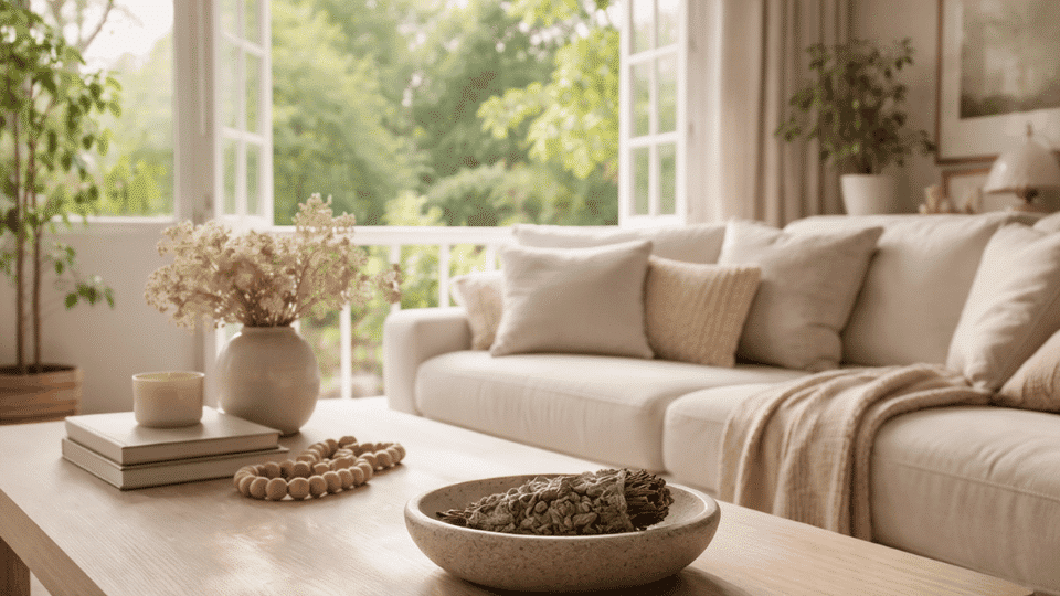 Open windows and sage cleansing tools in a calm modern living room before a house cleansing ritual.