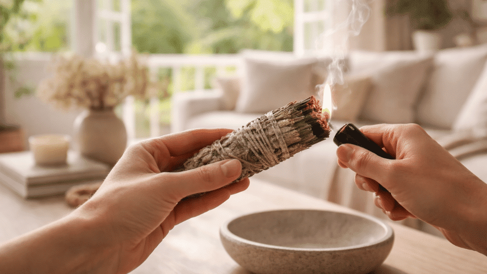 Hands lighting a sage bundle in a cozy living room with soft natural light and gentle smoke.