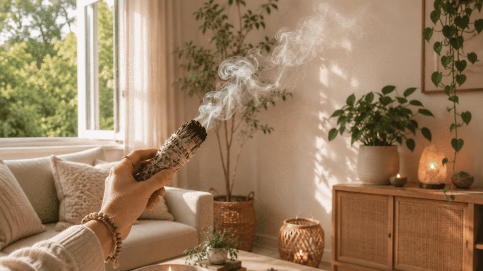 Hands guiding sage smoke into the corner of a peaceful living room during a cleansing ritual.