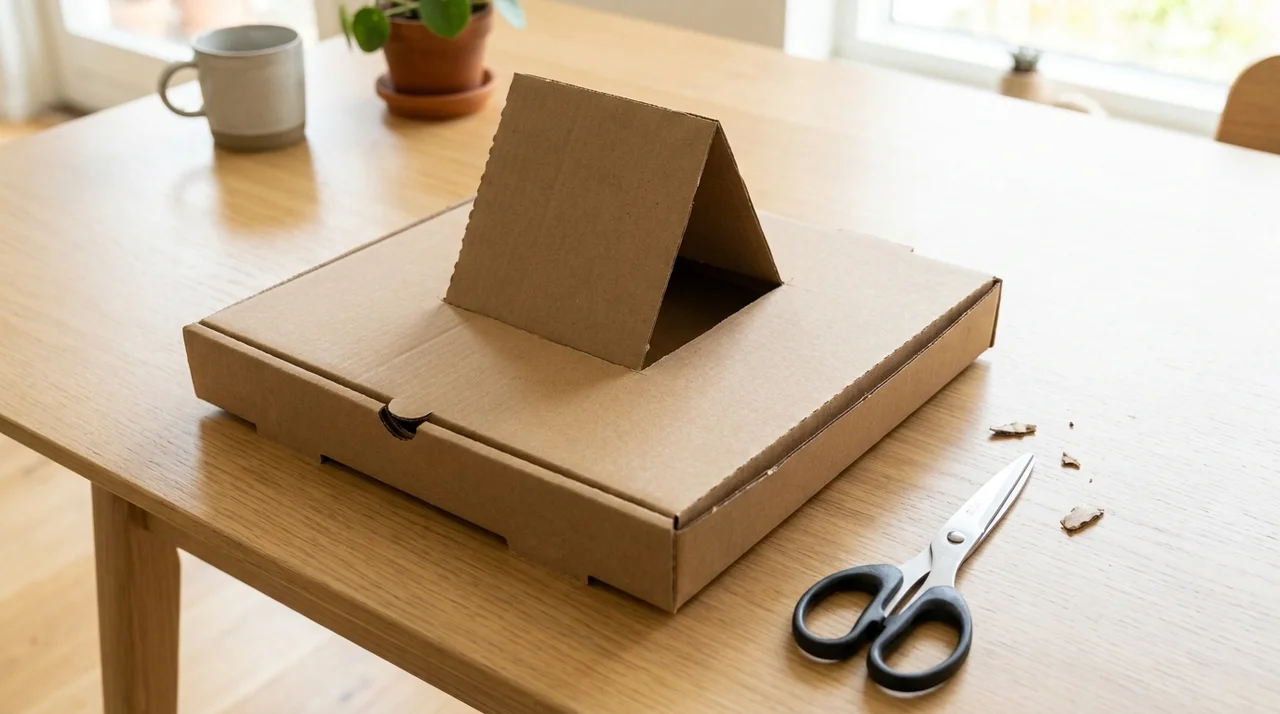 Pizza box with a square flap cut into the lid and folded upward, ready for a DIY solar oven
