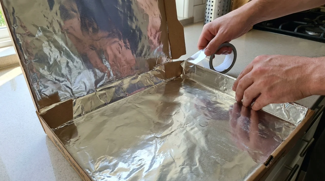 Pizza box lined with aluminum foil on the base and flap to reflect sunlight inside the solar oven