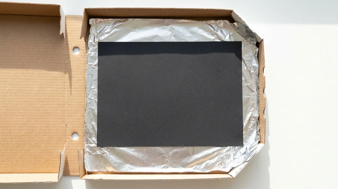 Black construction paper placed inside a foil-lined pizza box to absorb heat for solar cooking