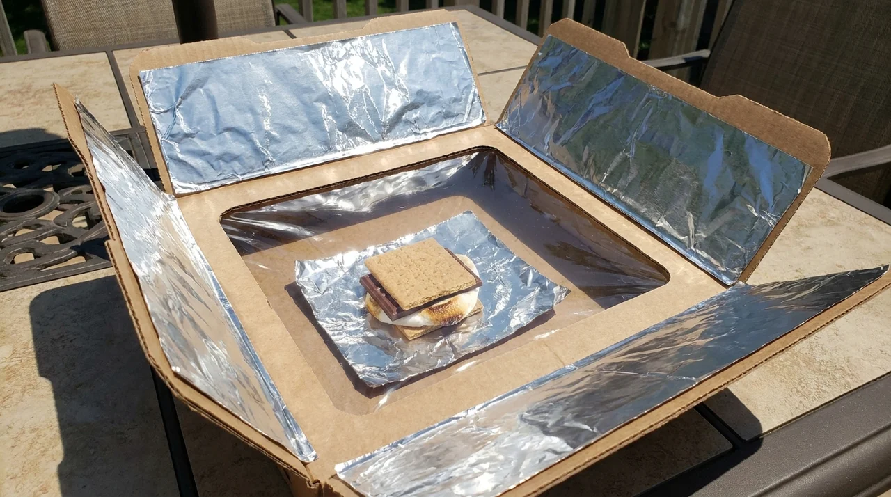 S'more placed inside a homemade solar oven on black paper, ready to melt using sunlight