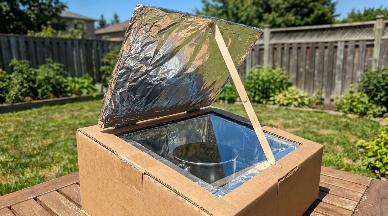 Finished solar oven outdoors with foil reflector propped open to direct sunlight into the cooking chamber