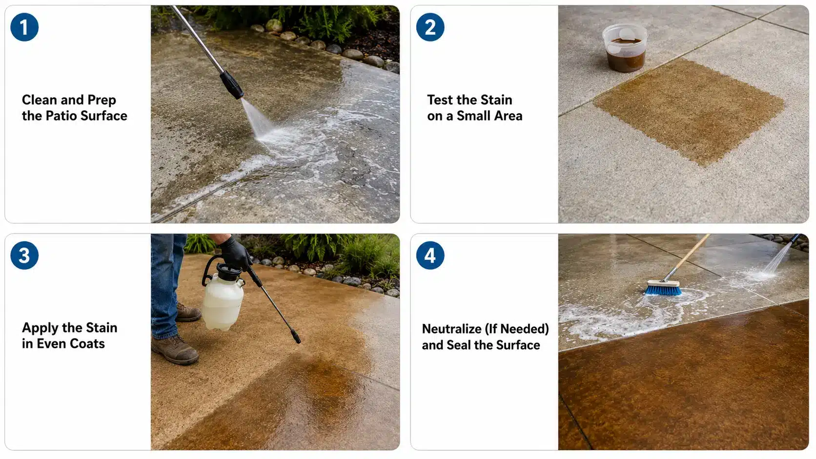 A four-step infographic guide detailing how to clean, test, apply, and seal concrete stain on a patio surface.