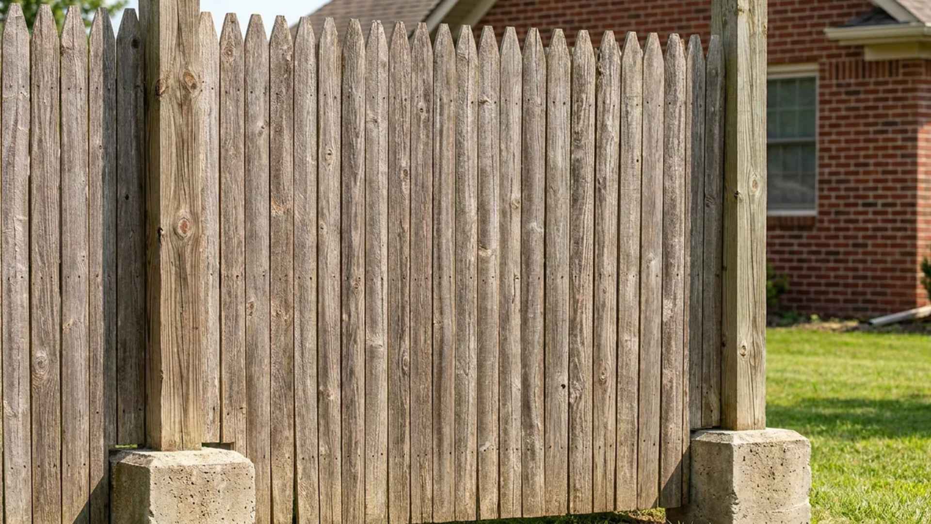Tall wood stockade fence with closely spaced pointed boards providing full backyard privacy.
