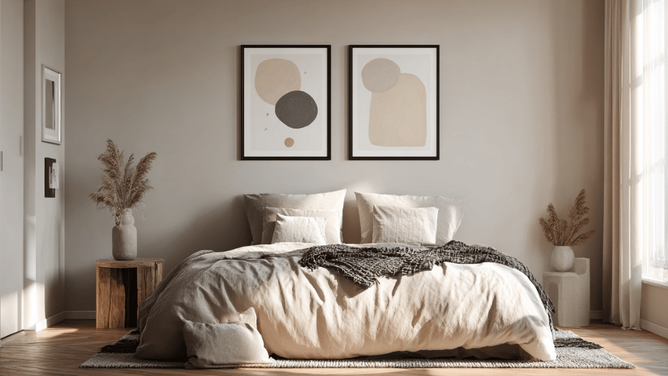 Minimalist bedroom with simple abstract wall art and neutral modern decor.