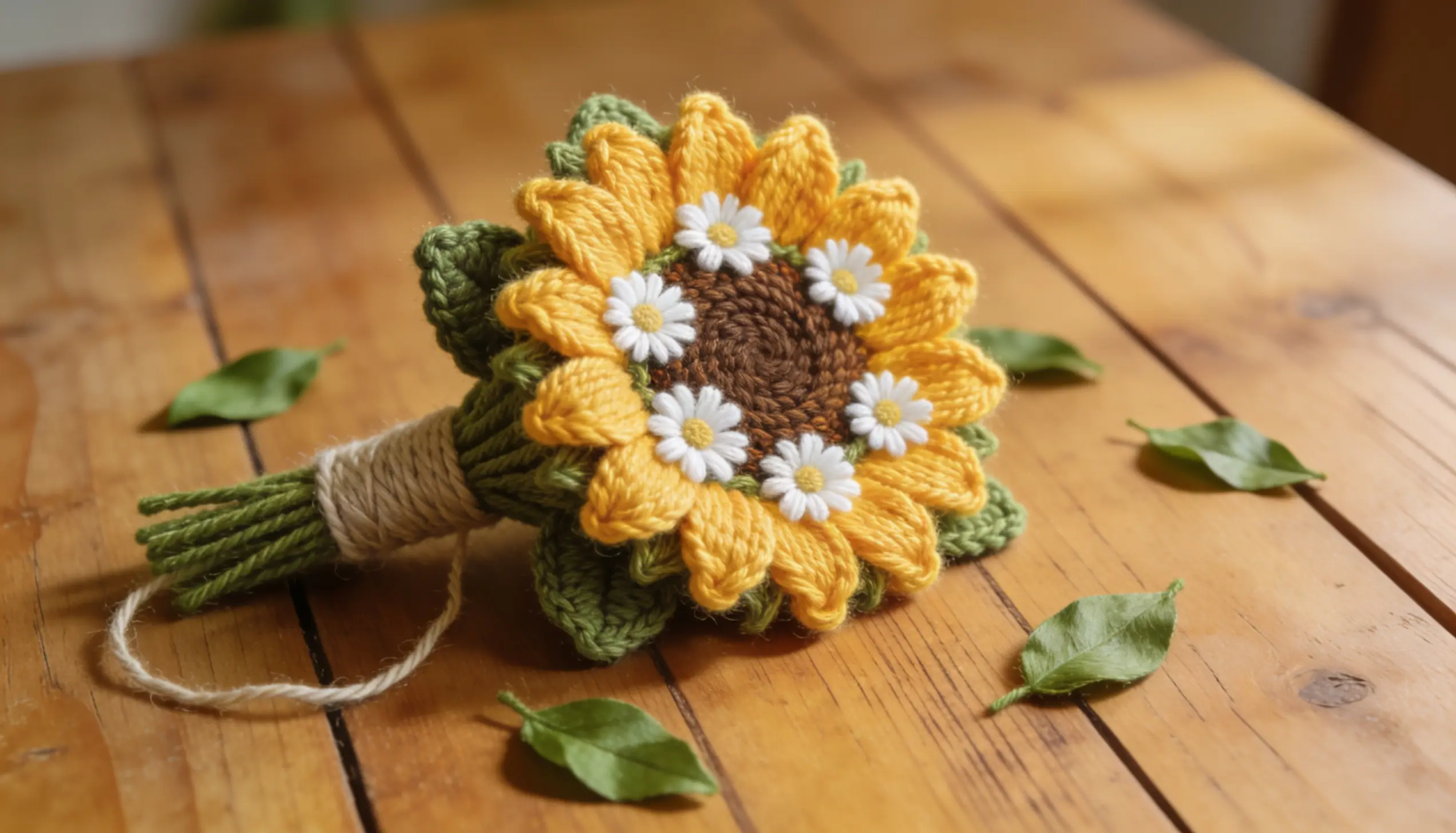 assembling crochet sunflower and daisy bouquet on a craft table