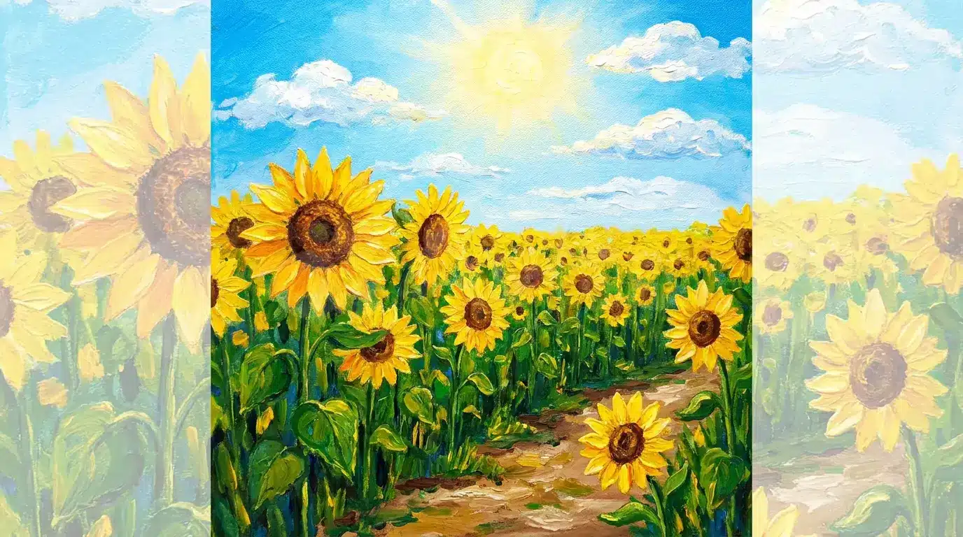 Sunflower field canvas painting with yellow petals and blue sky