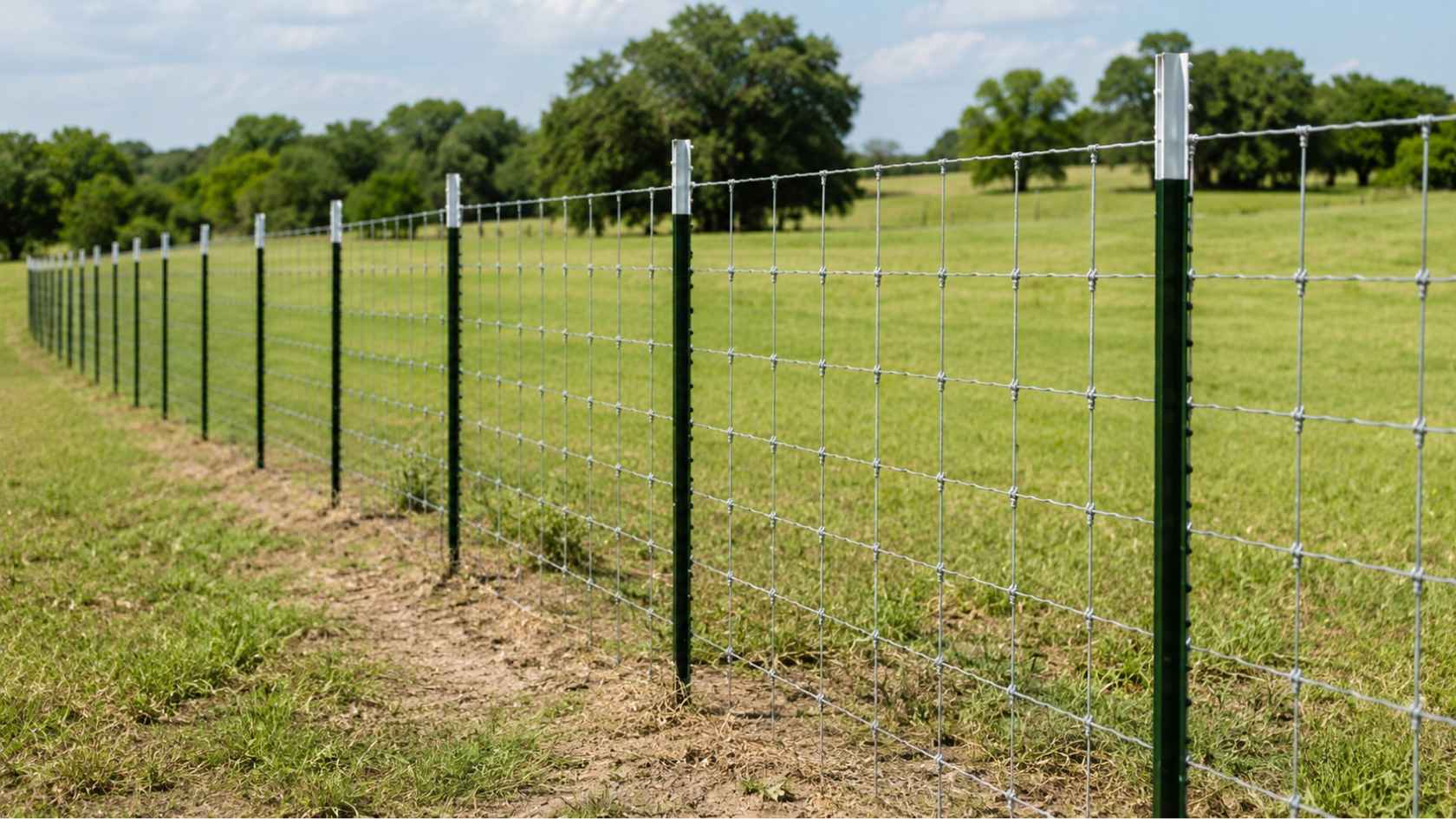 Metal T-post and wire fence running along a rural property for affordable perimeter fencing