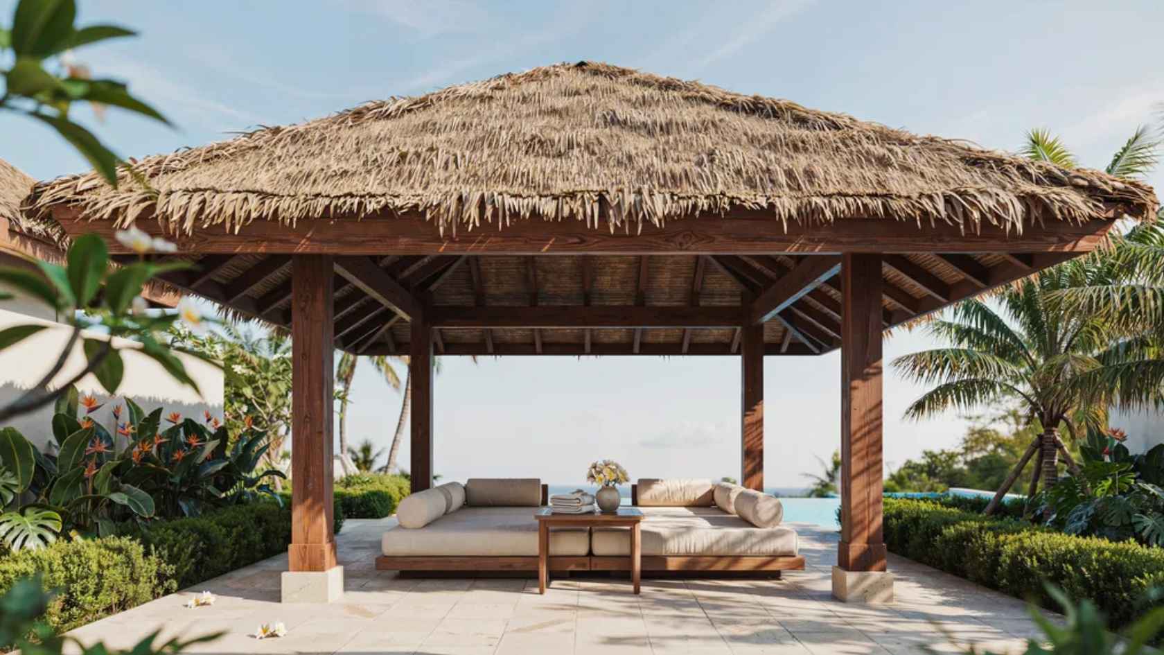 Synthetic thatch roof deck creating a tropical-style backyard retreat with shade