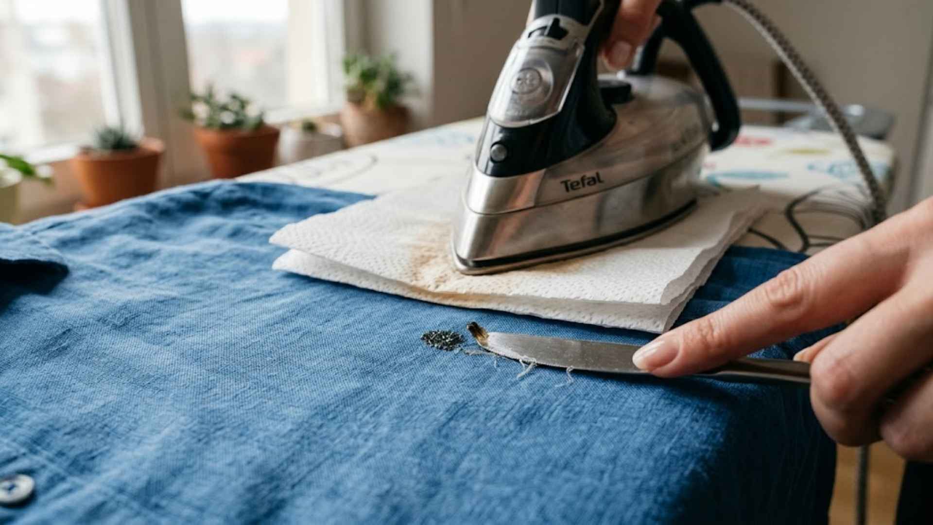 Close-up of an iron over a paper towel on blue fabric while a hand scrapes softened residue with a knife.