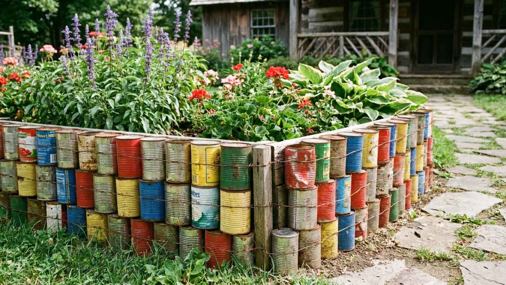 Tin can garden border fence using painted cans around flower beds