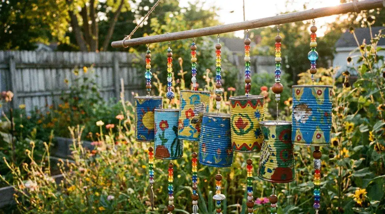 Painted decorative tin cans with colorful bead strands hanging from a wooden dowel in a garden