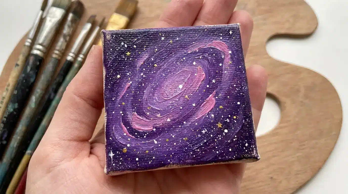 Tiny galaxy canvas painting with purple, pink, and white stars