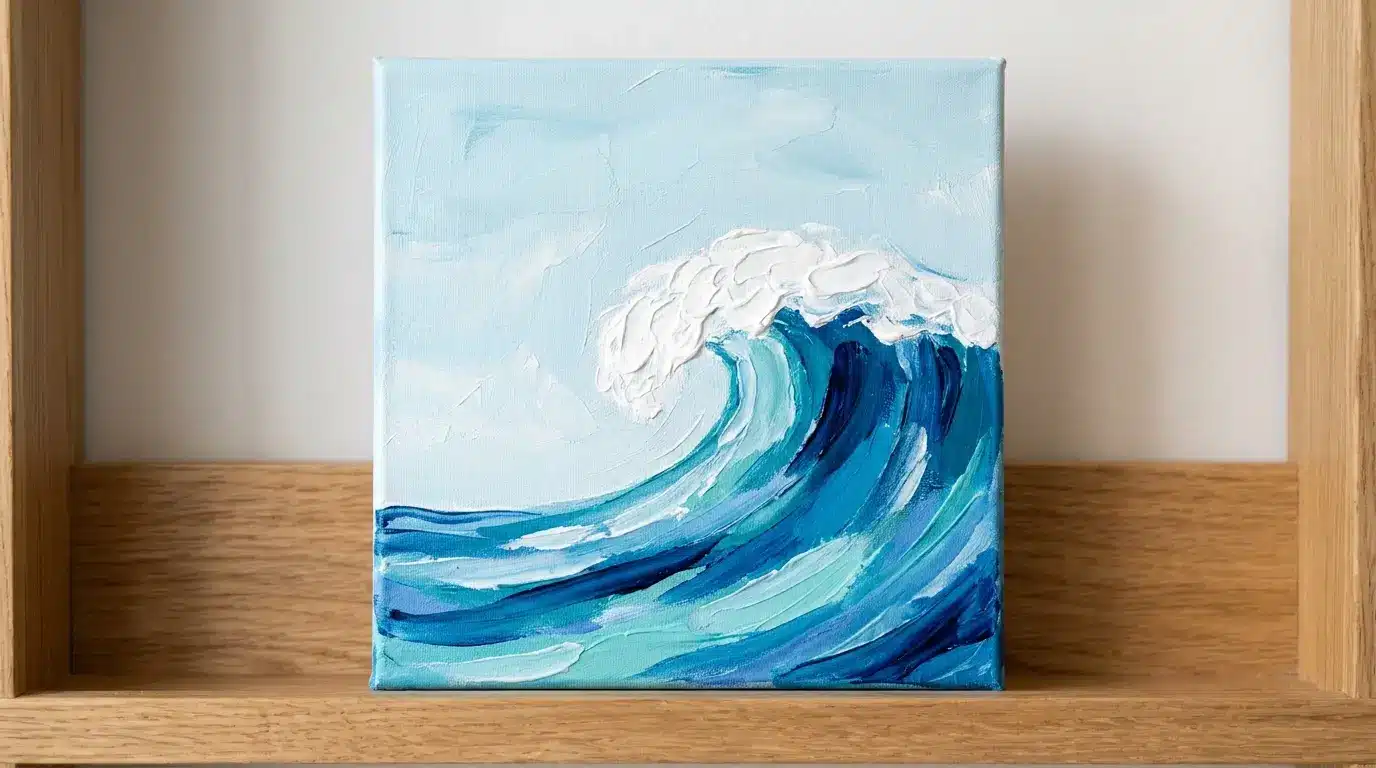 Tiny ocean wave canvas painting in blue and white