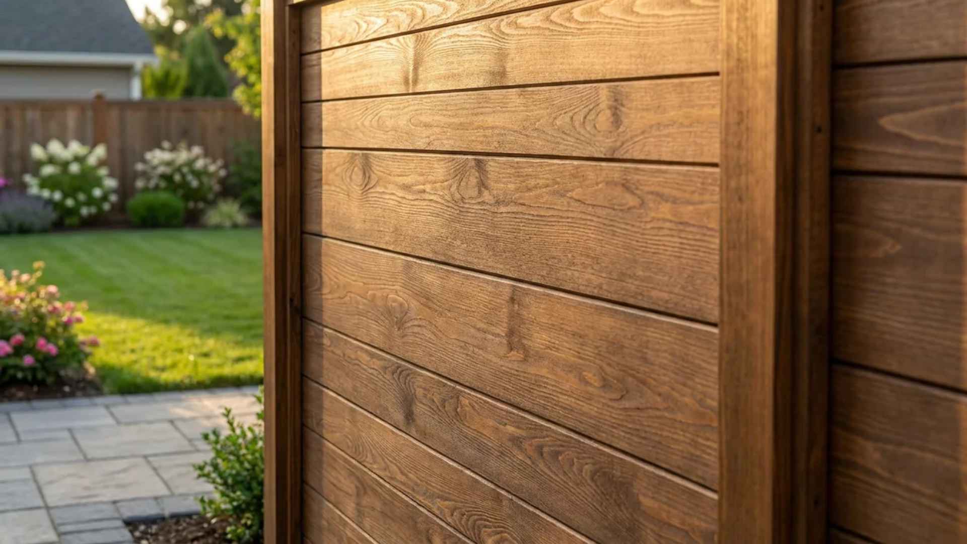 Seamless tongue-and-groove wooden fence with smooth stained boards and clean finish.
