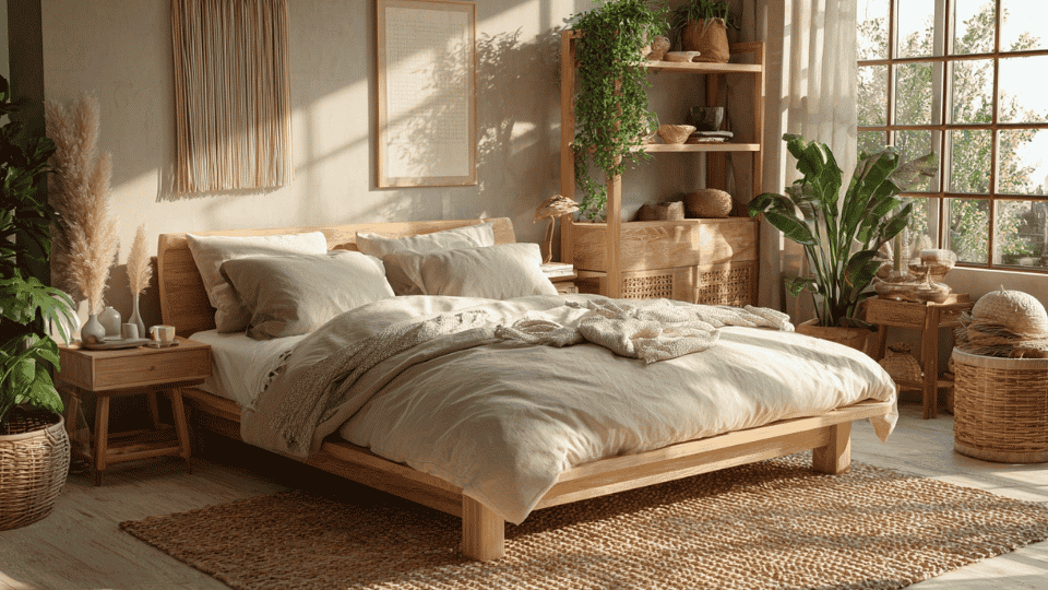 Japandi minimalist bedroom with natural wood, soft textures, and earthy neutral tones.