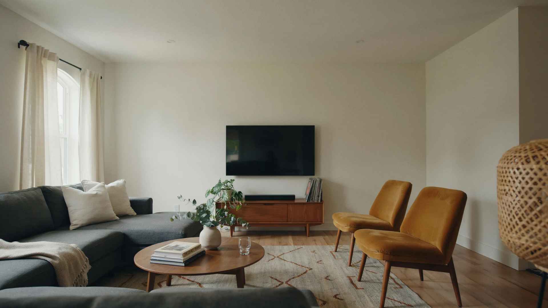 Living room with seating arranged toward a television at a comfortable viewing distance.