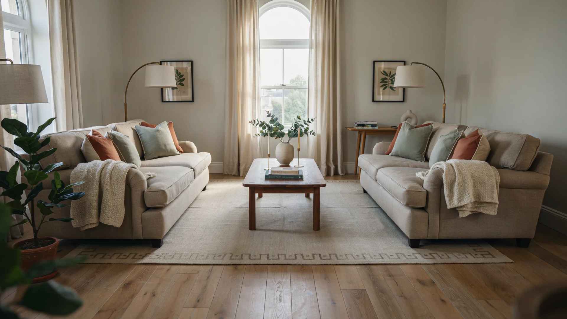 Living room with two sofas positioned opposite each other around a coffee table.