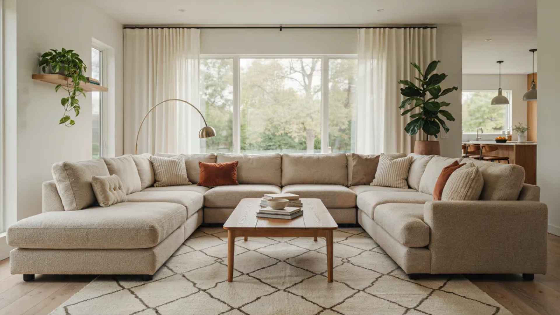 Connected U-shaped sectional sofa surrounding a central coffee table in a spacious living room.