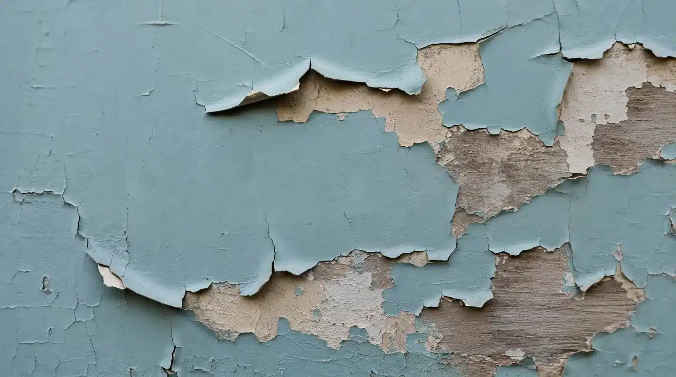 Peeling paint lifting away from the surface.