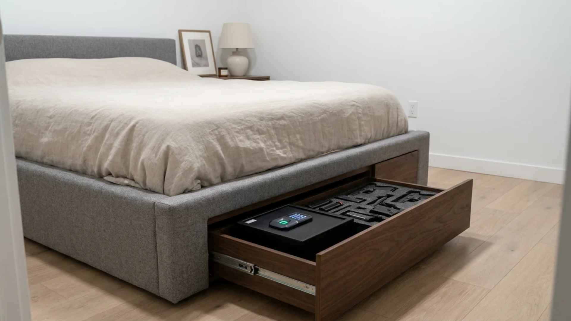 Under-bed firearm storage drawer with secure safe in a modern clutter-free bedroom
