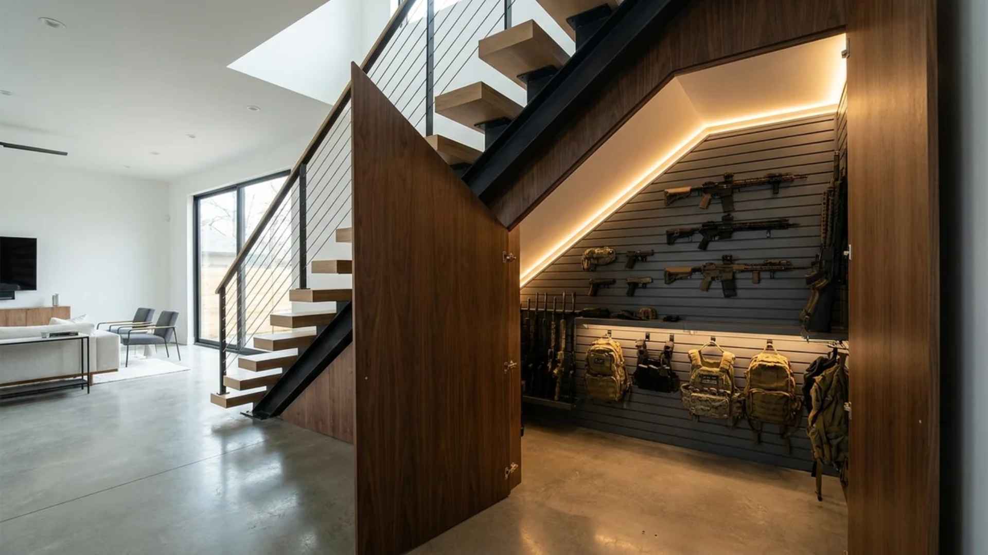 Under-stair gun storage room with hidden door, wall-mounted rifles, and LED lighting