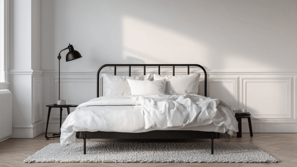 Black and white minimalist bedroom with modern furniture and soft natural textures.