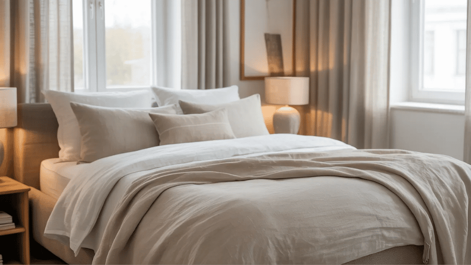 Minimalist bedroom with linen and cotton fabrics in soft neutral tones.