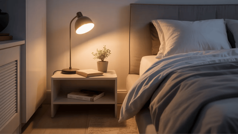 Minimalist bedroom with simple bedside decor and clean modern styling.