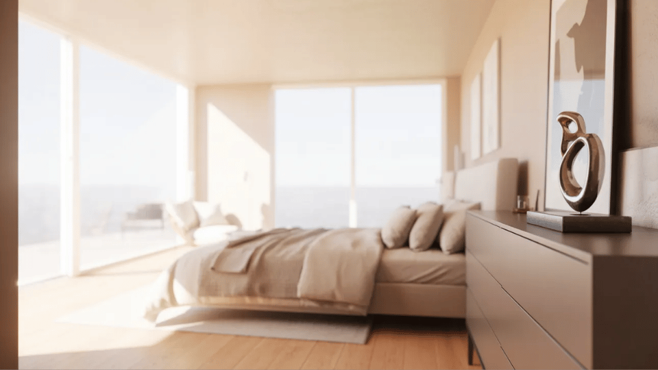 Minimalist bedroom with sculptural decor and clean modern styling.