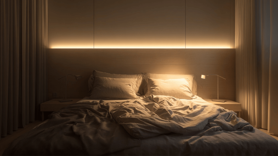 Cozy minimalist bedroom with warm ambient lighting and calming decor.