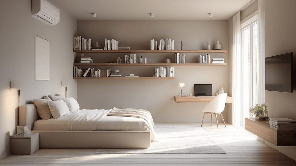 Minimalist bedroom with wall-mounted furniture and clean open floor space.