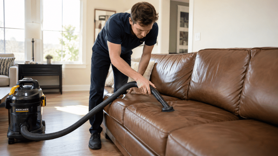 Person vacuuming a brown leather couch with a soft brush attachment in a bright modern living room.