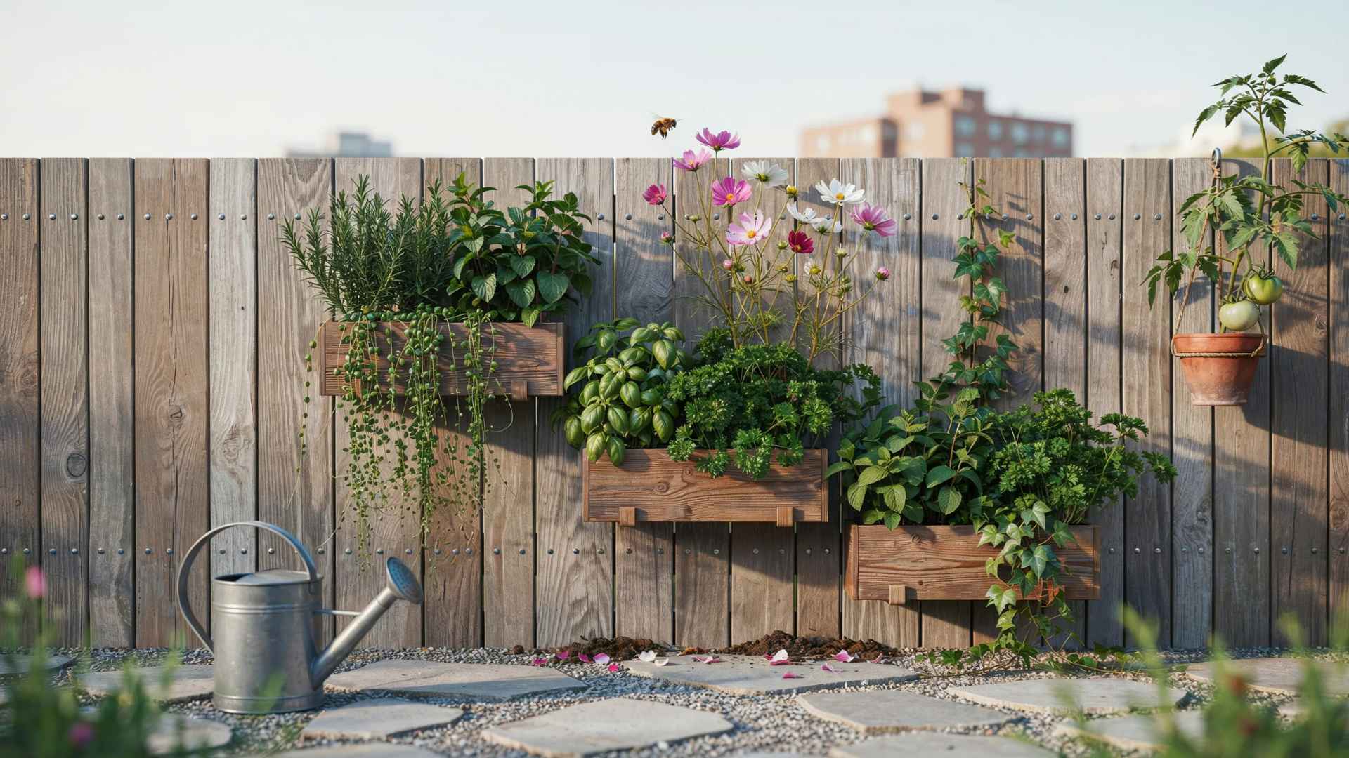 Wooden vertical garden fence with mounted planters filled with flowers and greenery.